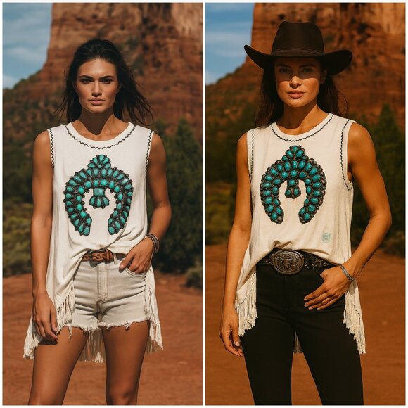 Double D Ranch Tops - Double D Ranch Tunic Top Western Print Embroidered Fringe Stretch size M Boho